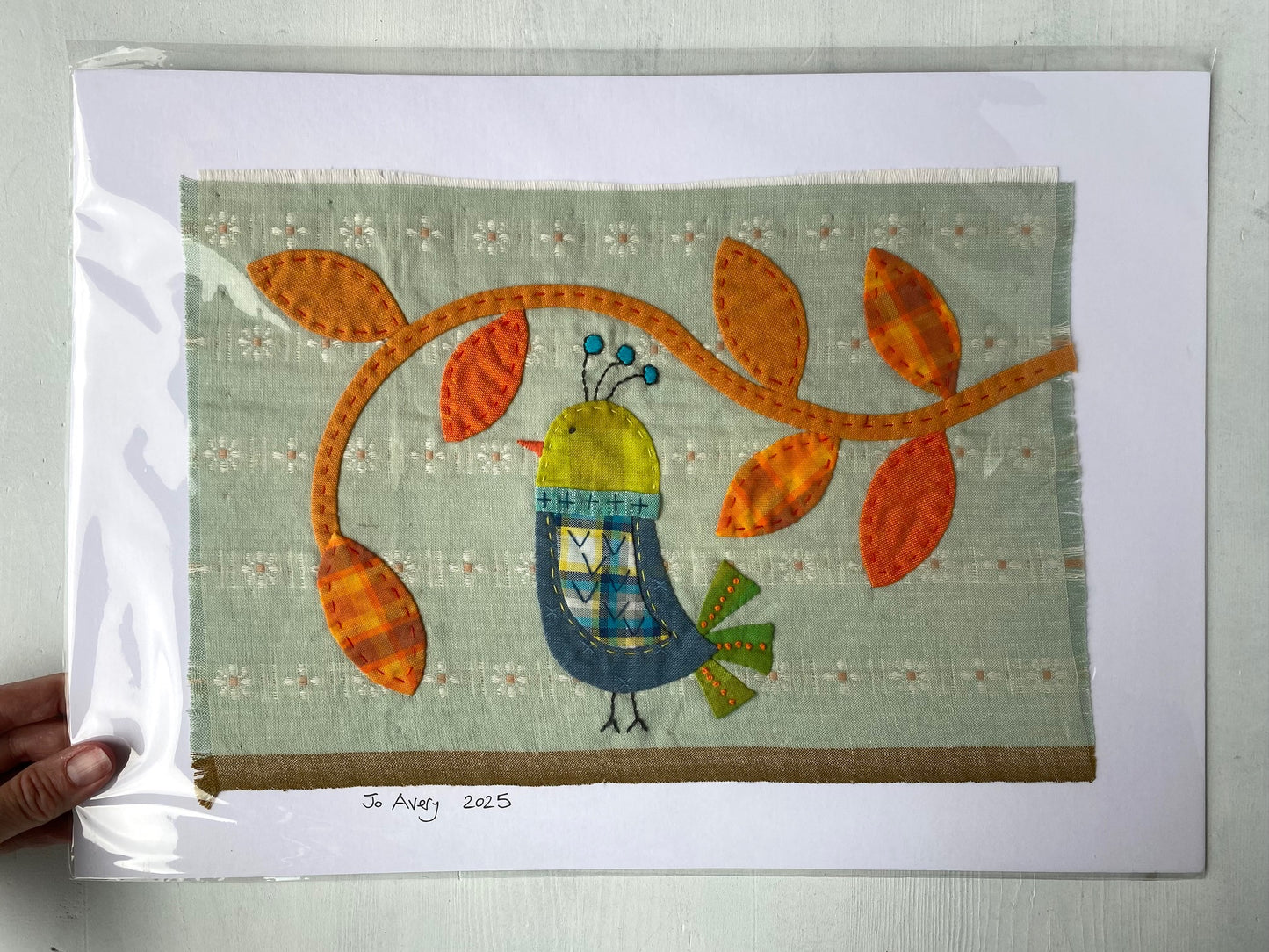 Mounted Textile Art Originals - Bird with Autumn Tendrils