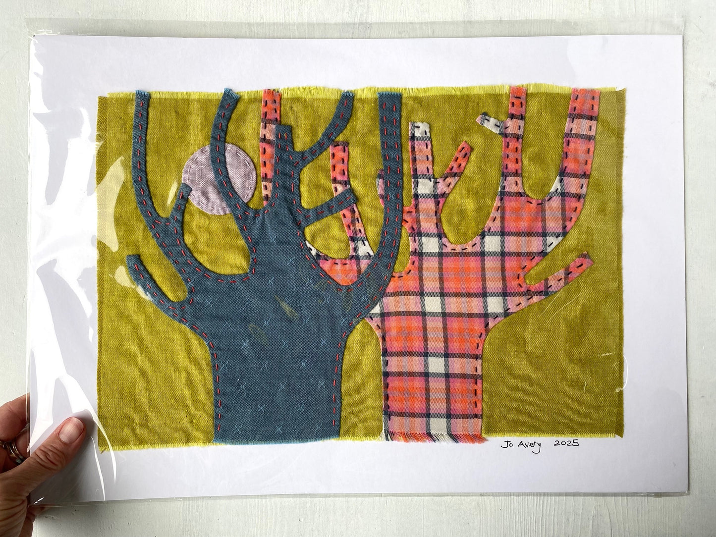 Mounted Textile Art Originals - Blue and Red Moon Trees
