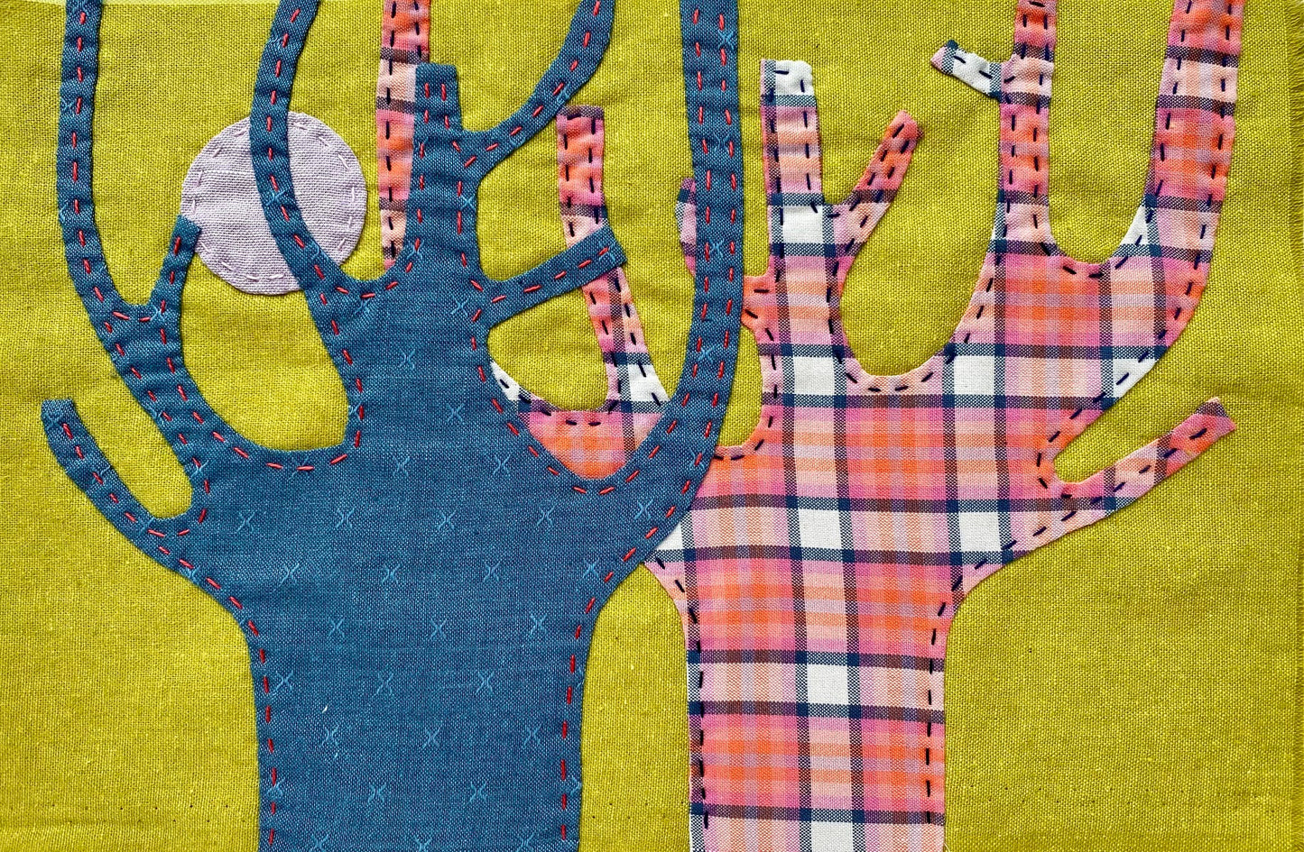 Mounted Textile Art Originals - Blue and Red Moon Trees
