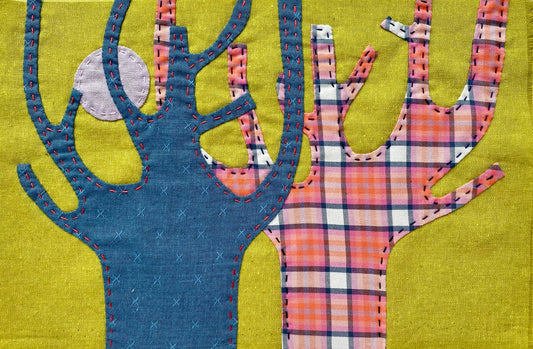 Mounted Textile Art Originals - Blue and Red Moon Trees