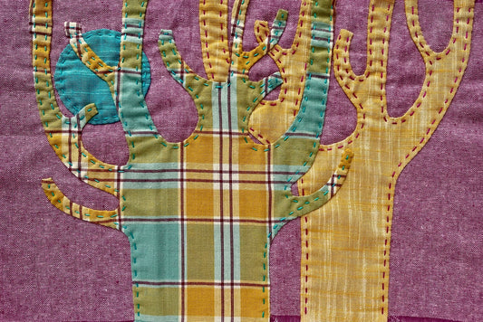 Mounted Textile Art Originals - Yellow and Plaid Moon Trees