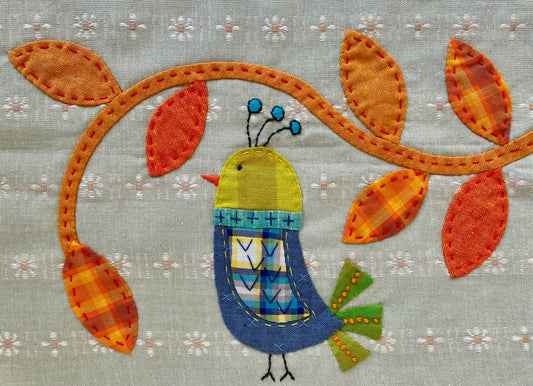 Mounted Textile Art Originals - Bird with Autumn Tendrils