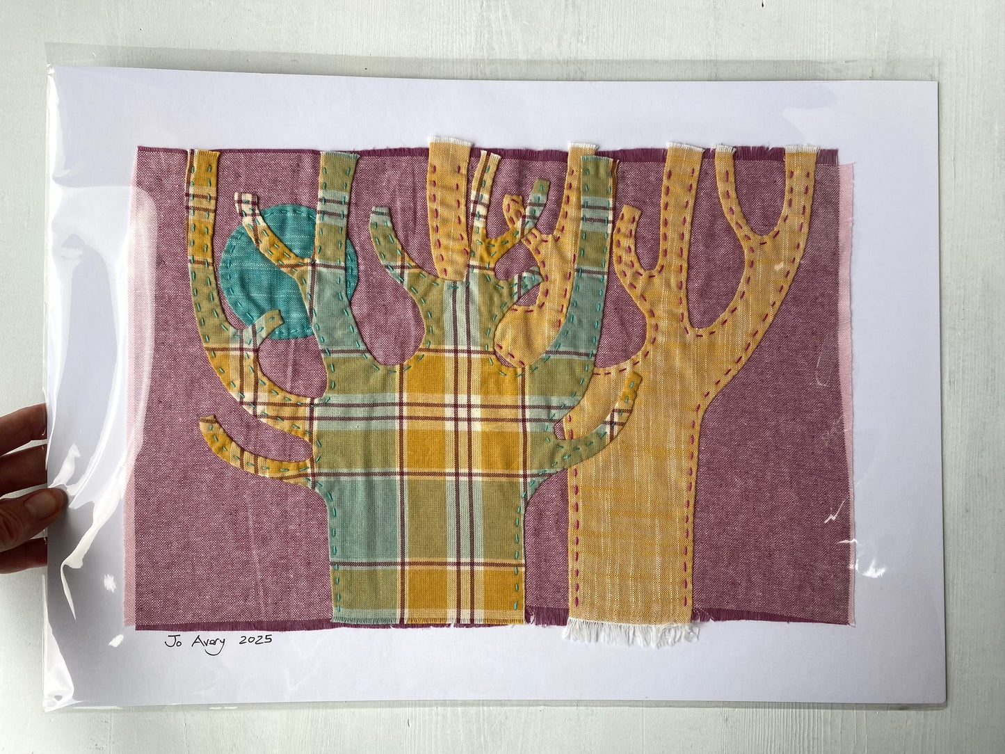 Mounted Textile Art Originals - Yellow and Plaid Moon Trees